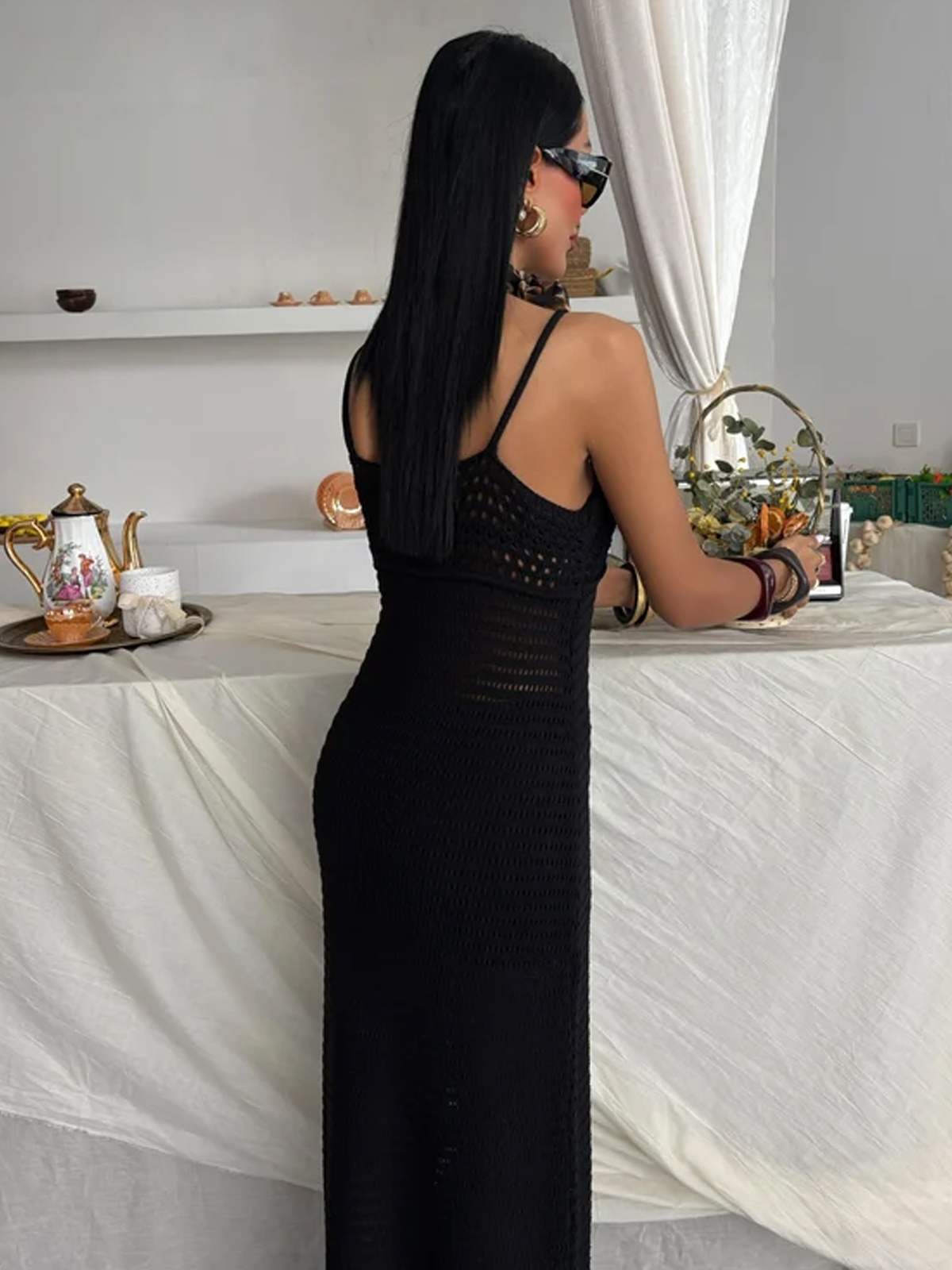 Sirena Askılı Ajurlu Elbise – Siyah