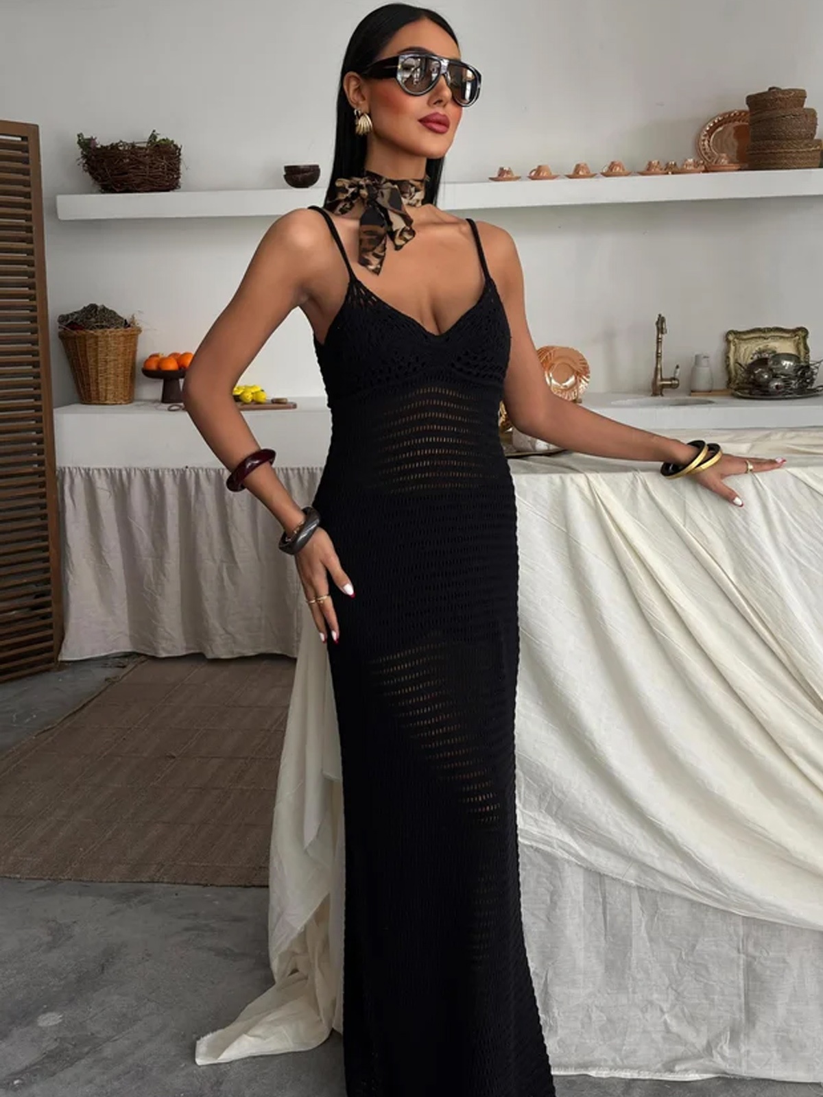 Sirena Askılı Ajurlu Elbise – Siyah