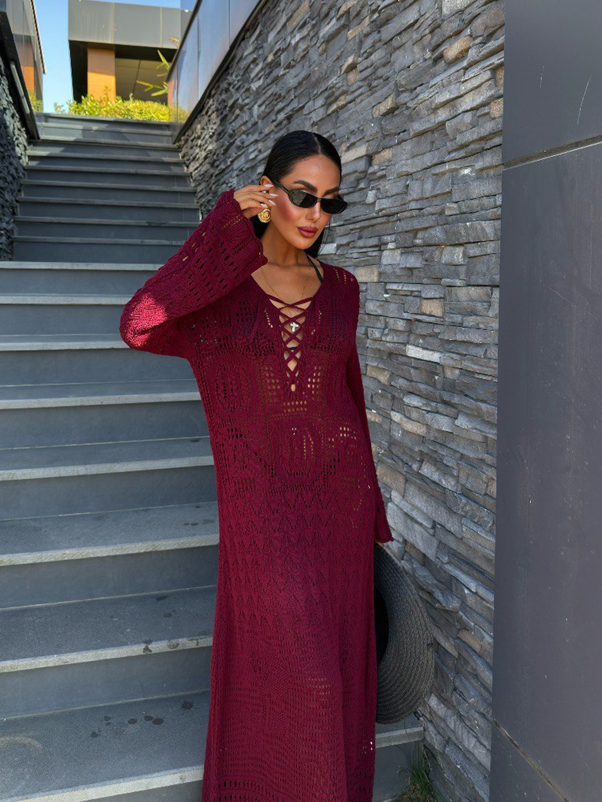 Serena Birit Ajurlu Plaj Elbisesi - Bordo