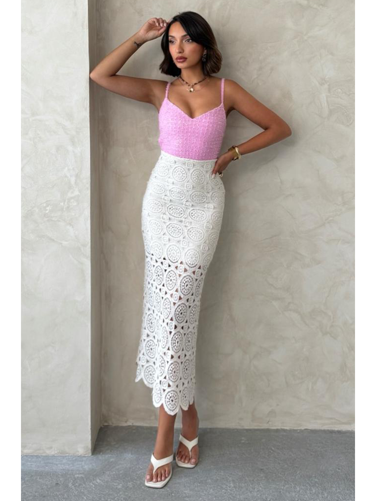 Rosetta Dantel Midi Elbise - Pembe
