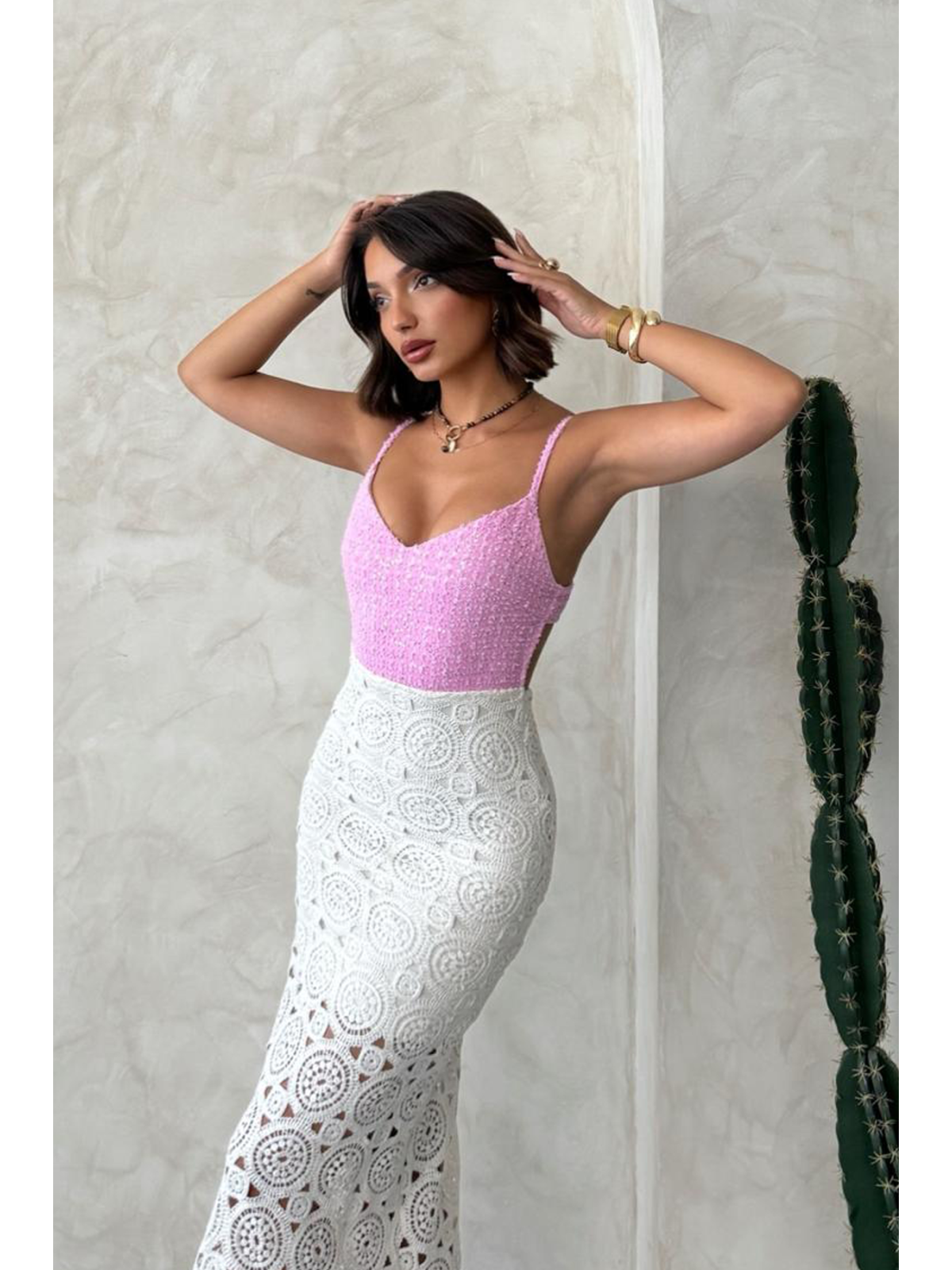 Rosetta Dantel Midi Elbise - Pembe