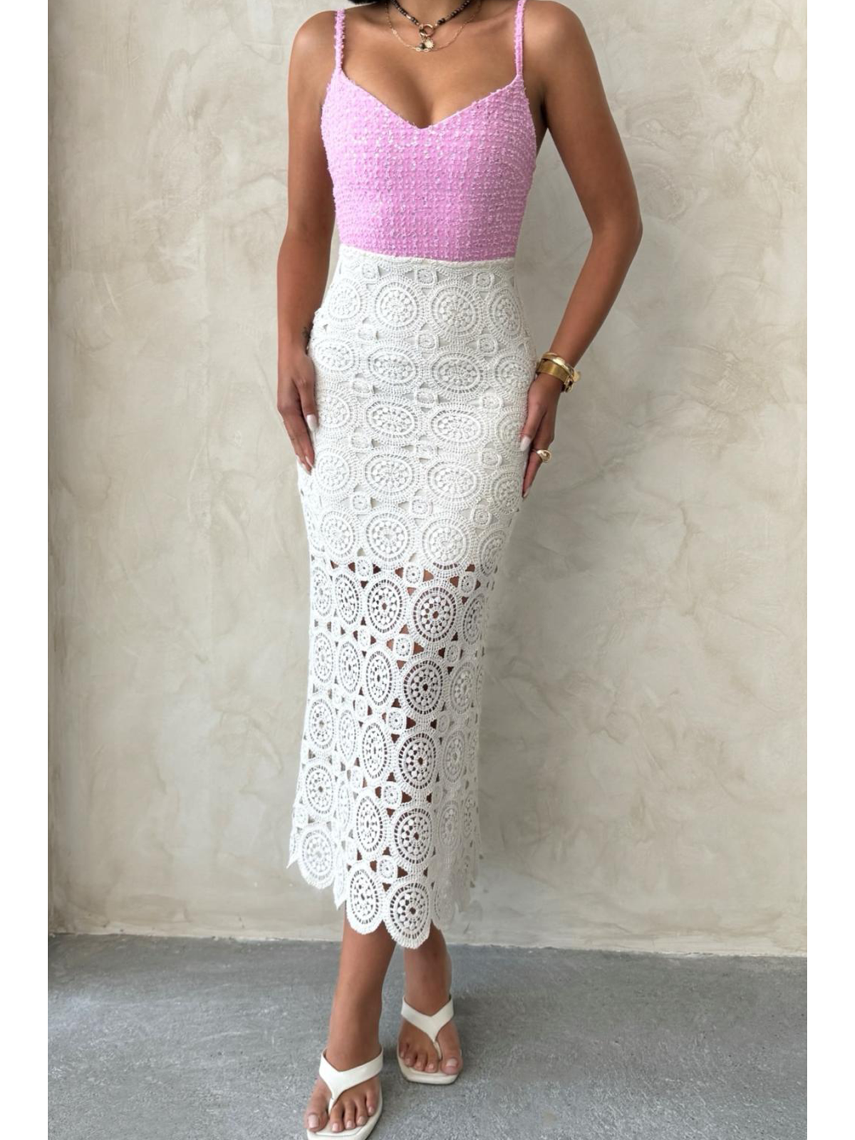 Rosetta Dantel Midi Elbise - Pembe
