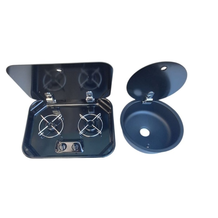 Karavan / Tekne Cam Emaye Ocak + Cam Kapaklı Evye Siyah