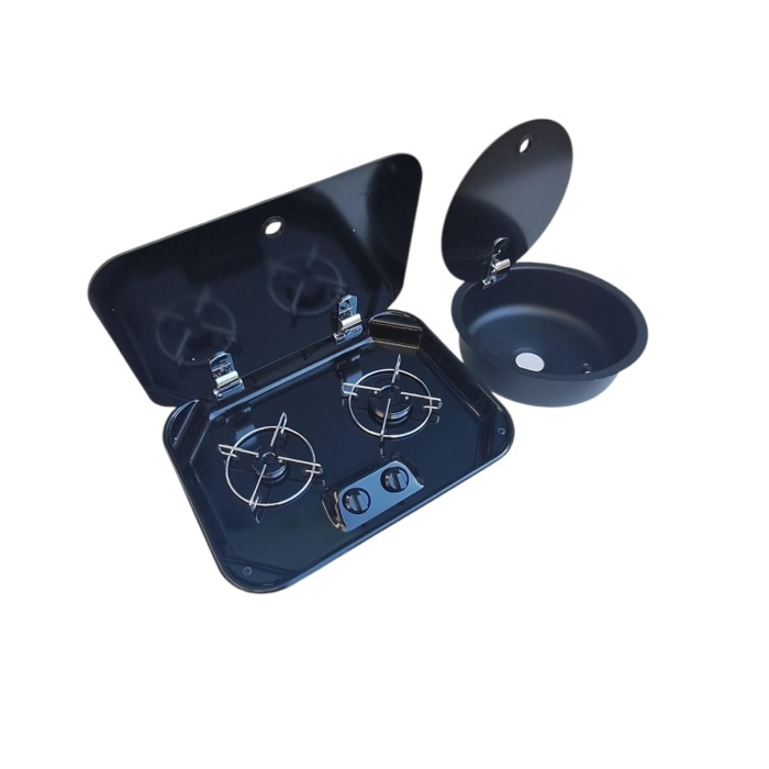 Karavan / Tekne Cam Emaye Ocak + Cam Kapaklı Evye Siyah