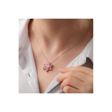 925 Ayar Gümüş Toz Pembe Renkli Lotus Kolye