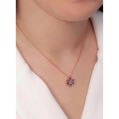 925 Ayar Gümüş Rose Kaplama Mor Renkli Lotus Çiçeği Kolye