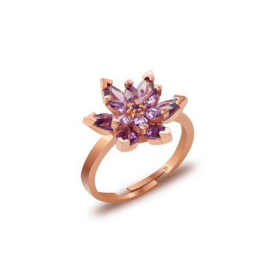 925 Ayar Gümüş Rose Kaplama Renkli Lotus Çiçeği Yüzük, Küpe, Kolye Set