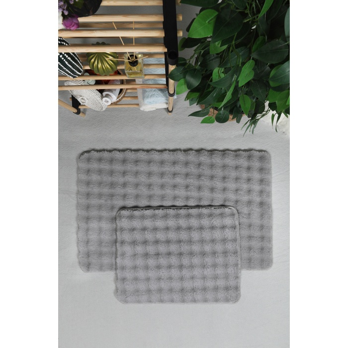 Modern Bubble Yıkanabilir Non-Slip Peluş Banyo Paspası Rugsı 2li Klozet Takımı 50x80-50x40cm