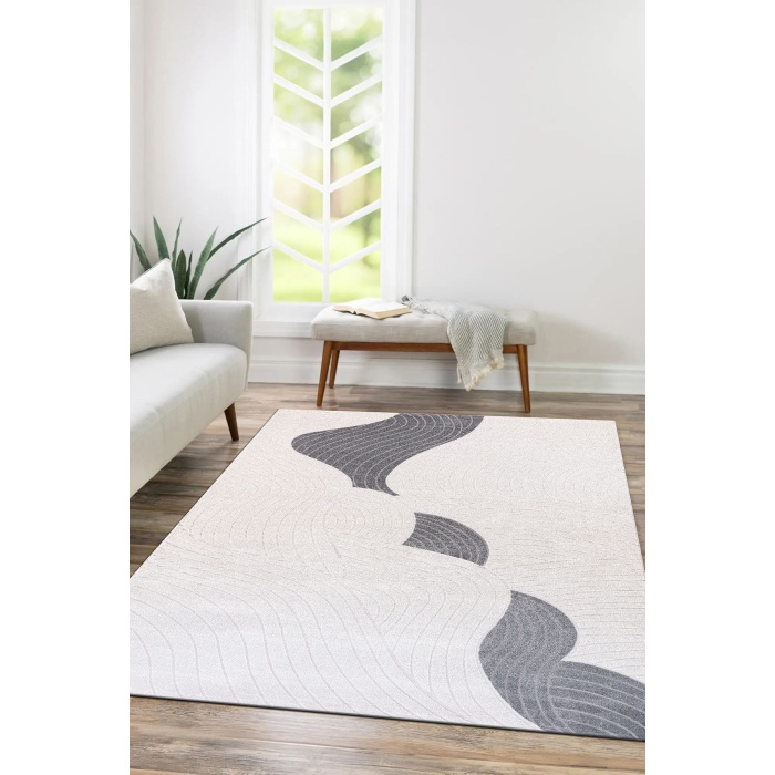 Elmina Beyaz Gri Yumuşak Konforlu Rug