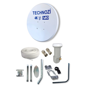 Technozi Yeni Nesil 70cm Çanak Anten Beyaz Full Set Tekli Lnb 10 Metre Kablo 2 Adet Konnektör