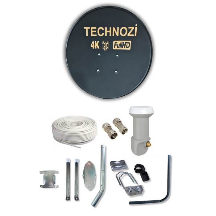 Technozi 70cm Çanak Anten Siyah Full Set Tekli Lnb 10 Metre Kablo 2 Adet Konnektör