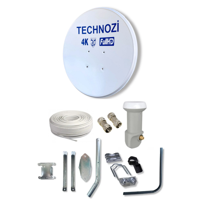 Technozi Yeni Nesil 70cm Çanak Anten Beyaz Full Set Tekli Lnb 10 Metre Kablo 2 Adet Konnektör
