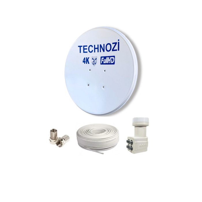 Technozi Yeni Nesil 80 cm Çanak Anten Dörtlü Lnb 25 Metre Kablo 2 F Konnektör