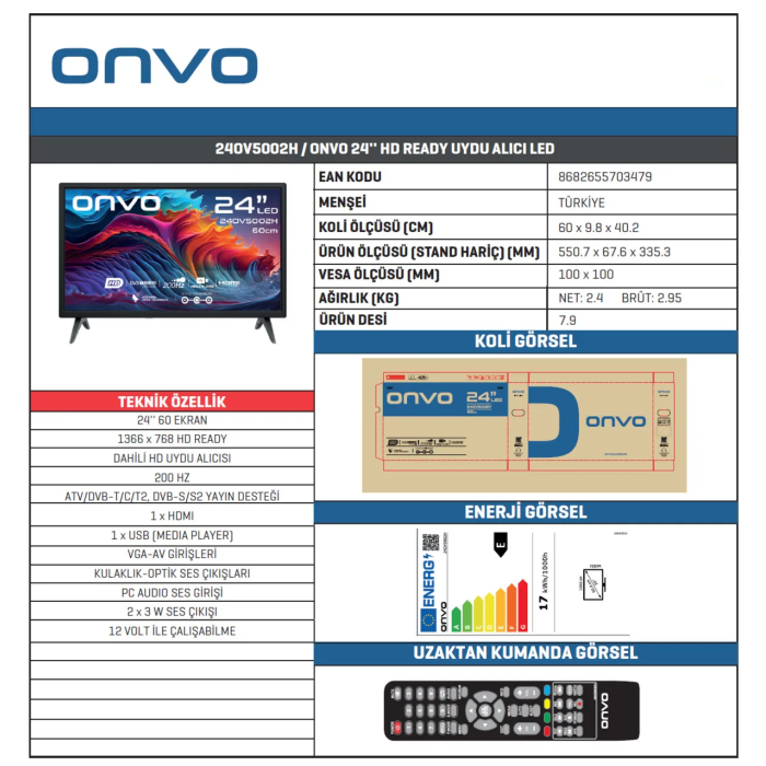 Onvo 24OV5002H 24 60 Ekran Uydu Alıcılı HD Ready LED TV