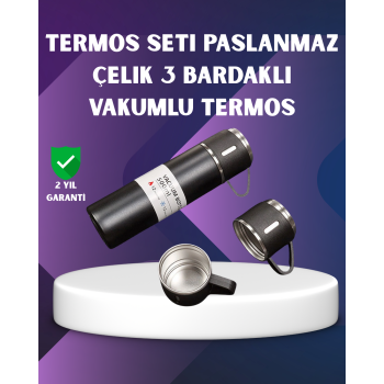 KESGİN MARKET ® Paslanmaz Termos ve İkili Bardak Seti | 6-12 Saat Sıcak/Soğuk Tutma