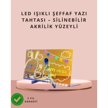 KESGİN MARKET ® LED Işıklı Şeffaf Yazı Tahtası – Neon Etkili Akrilik Pano, Silinebilir, 7 Renkli Kalemli, 30x20 cm
