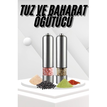 KESGİN MARKET ® Pilli Tuz Ve Karabiber Öğütücü Baharat Değirmeni Tuzluk Pilli Işıklı Gri