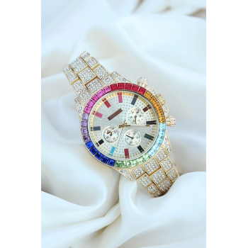 KESGİN MARKET® Clariss Trend Gold Metal Kordonlu Zirkon Taş Kaplama Renkli Taşlı Kasa Tasarımlı Lüx Kadın Kol Saati
