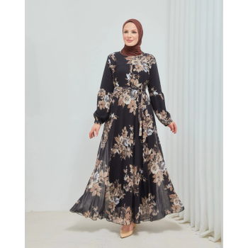 KESGİN MARKET® Yaprak Desenli Zarif Ve Şık Uzun Boy Büyük Beden Astarlı Şifon Elbise