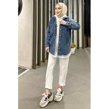 KESGİN MARKET® Koyu Mavi Kar Yıkama Püskül Detay Kot Ceket Oversize