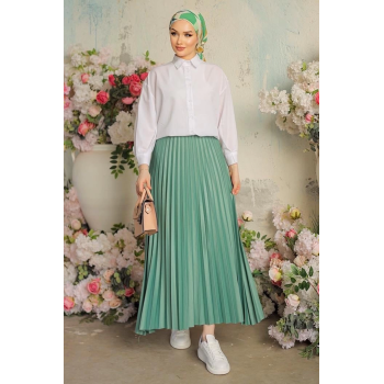 KESGİN MARKET® Zarif Ve Modern Pileli Parlak Krep Gizli Lastikli Mint Etek