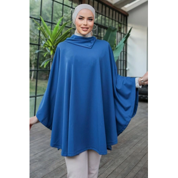 KESGİN MARKET® Düğme Detaylı Şık Tasarımlı Mavi Şal Yaka Panço