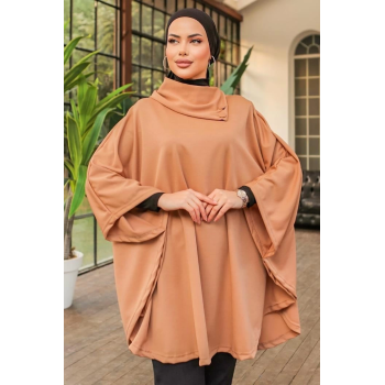 KESGİN MARKET® Düğme Detaylı Şık Tasarımlı Bej Şal Yaka Panço