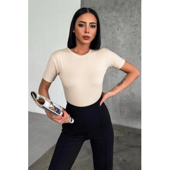 KESGİN MARKET® Rahat Ve Şık Kısa Kollu Bisiklet Yaka Likralı Viskon Penye Body Bej