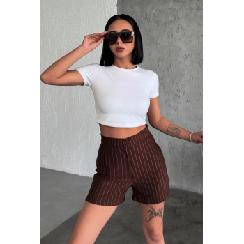 KESGİN MARKET® Zarif Ve Şıklığı Bir Arada Sunan Yüksek Bel Krep Esnek Çimalı Çizgili Şort Kahverengi