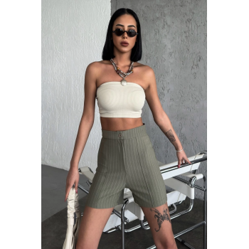 KESGİN MARKET® Zarif Ve Şıklığı Bir Arada Sunan Yüksek Bel Krep Esnek Çimalı Çizgili Şort Haki