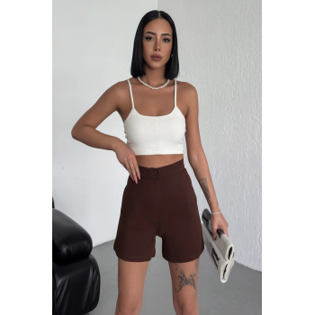 KESGİN MARKET® Tarz Ve Rahatlığı Bir Arada Sunan Yüksek Bel Esnek Likralı Krep Şort Kahverengi