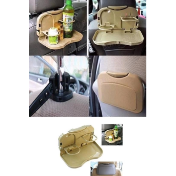 KESGİN MARKET® Araç İçi Koltuk Arkası Katlanabilir Bardak Tutuculu Bej Tepsi