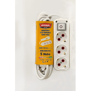 KESGİN MARKET® Amiral 3 Lü Topraklı Anahtarlı 5 Metre Kablolu Grup Priz