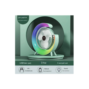 KESGİN MARKET® Masaüstü Vantilatör Usb Şarjlı Rgb Led Işıklı 3 Kademeli 180° Ayarlanabilir Soğutucu Fan Yeşil
