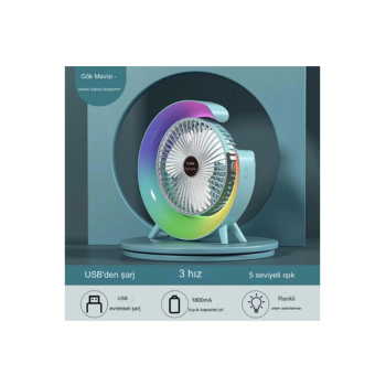 KESGİN MARKET® Masaüstü Vantilatör Usb Şarjlı Rgb Led Işıklı 3 Kademeli 180° Ayarlanabilir Soğutucu Fan Mavi