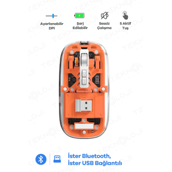 KESGİN MARKET® Bluetooth Usb Çift Modlu Sessiz Mouse, Şeffaf Mıknatıslı Kapaklı, Type-c Şarjlı, Dpı Ayarlı, Kablosuz 10m Çekim Mesafeli, Masaüstü Kısayol Tuşlu, Taşınabilir Şarjlı Mouse Turuncu