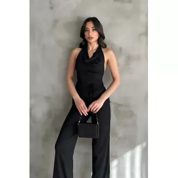 Kadın Siyah Degaje Yaka Bluz ve Pantolon İkili Takım