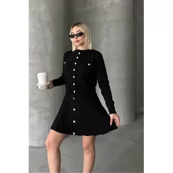 Kadın Triko Mini Etek Hırka Takım – Siyah