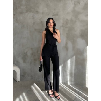 Kadın Siyah Degaje Yaka Bluz ve Pantolon İkili Takım