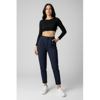 Kadın Yüksek Bel Çift Düğmeli Havuç Model Bilek Boy Krep Pantolon – Lacivert