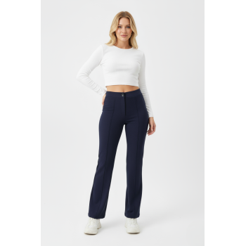 Kadın Yüksek Bel Toparlayıcı Çıma Detaylı Scuba Krep Palazzo İspanyol Paça Pantolon - Lacivert