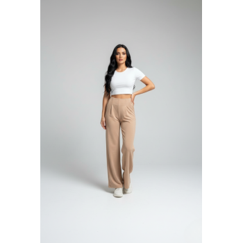 Kadın Yüksek Bel Pensli Bol Paça Krep Palazzo Pantolon – Bej