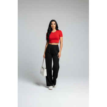 Kadın Yüksek Bel Pensli Bol Paça Krep Palazzo Pantolon – Siyah