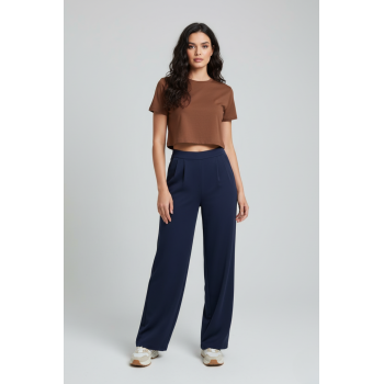 Kadın Yüksek Bel Pensli Krep Palazzo Pantolon – Lacivert