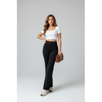 Kadın Toparlayıcı Çıma Detaylı Yüksek Bel Scuba Krep Palazzo Pantolon - Siyah