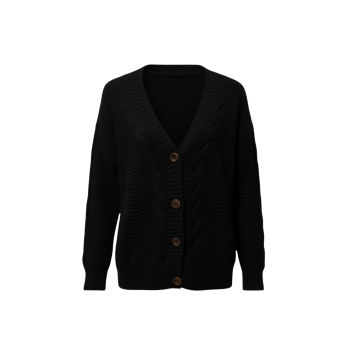 Kadın Siyah Düğmeli Kısa Triko Hırka – Burgulu Örgü Desenli