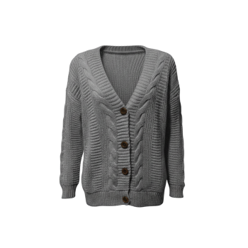 Kadın Gri Düğmeli Kısa Triko Hırka – Burgulu Örgü Desenli