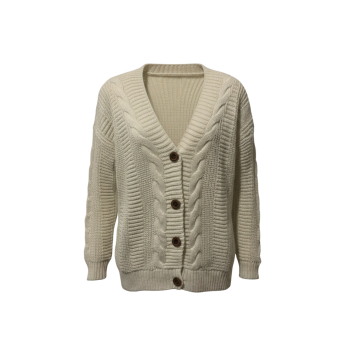 Kadın Krem Düğmeli Kısa Triko Hırka – Burgulu Örgü Desenli