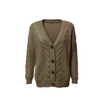 Kadın Kahve Düğmeli Kısa Triko Hırka – Burgulu Örgü Desenli