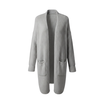 Kadın Gri Uzun Oversize Örgü Hırka – Cepli Kalın Triko